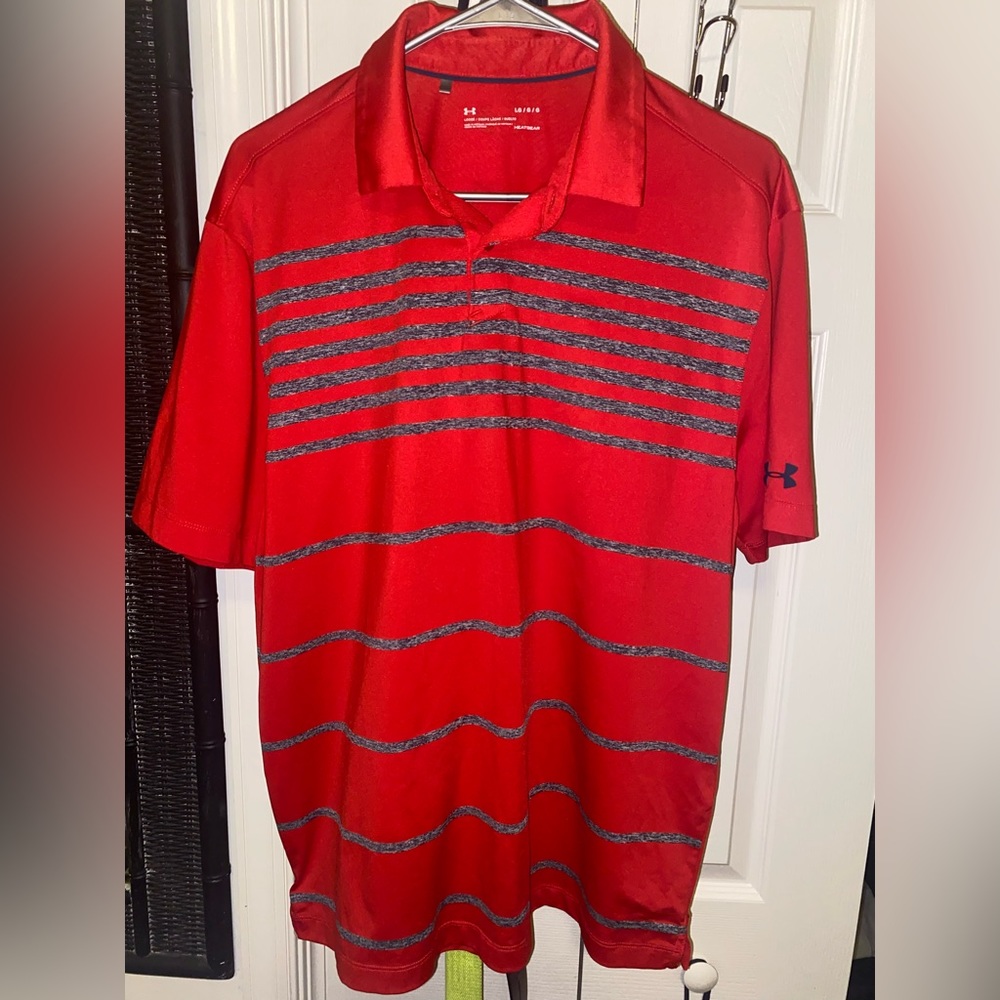 Under Armour Men’s Large Golf Polo - Red with Charcoal stripes